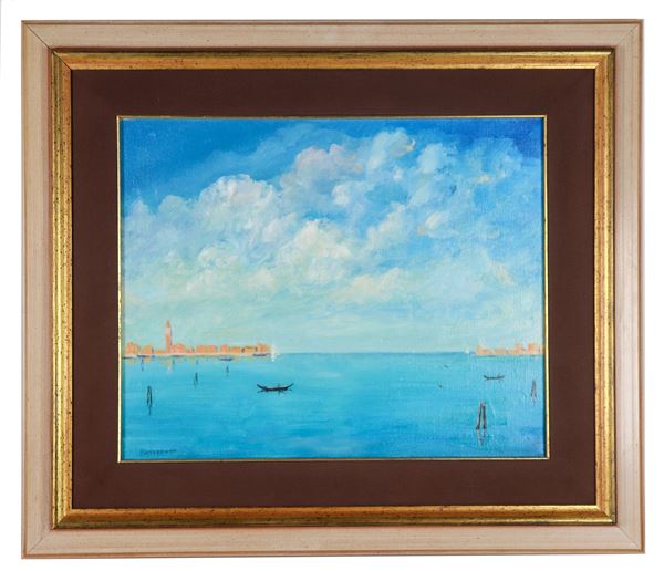 Pittore Italiano Inizio XX Secolo - Firmato. "Veduta della laguna veneziana con gondole", dipinto ad olio su tela