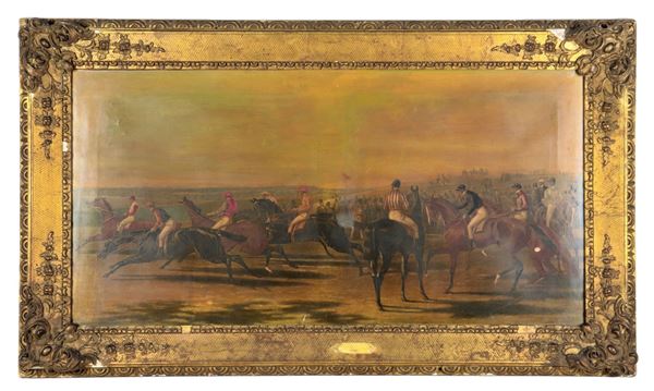 "Partenza della corsa al galoppo", antica stampa inglese colorata su carta applicata a tela 