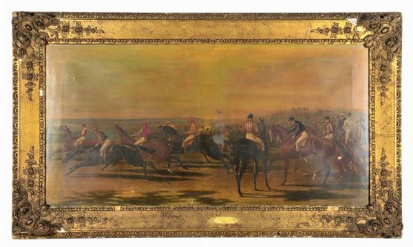 "Departure of the gallop race", ancient English colored print on paper applied to canvas