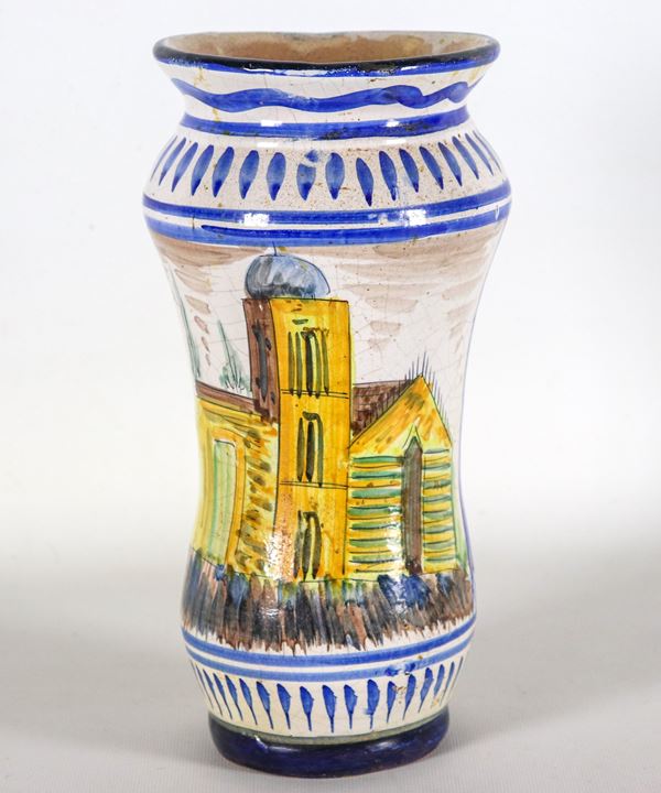 Albarello in Italian majolica with polychrome decoration "Basilica with bell tower"