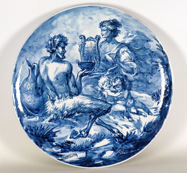 Parade plate "Venus and Pan" signed Raimondi in blue majolica from Albissola