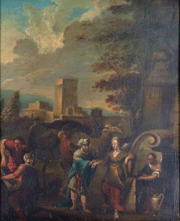 Scuola Veneta Inizio XVIII Secolo - "Rebecca and Eliezer at the well", small oil painting on copper