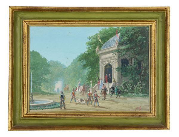 Pittore Francese Inizio XIX Secolo - Signed. "View of Villa Borghese with horseback riding, hunters and fountain", small watercolor and thin oil on paper