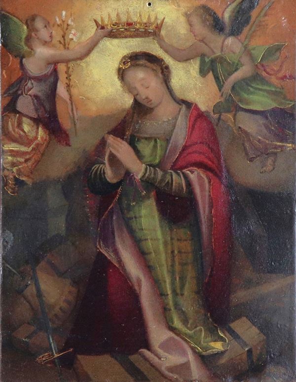 Scuola Italiana Inizio XVIII Secolo - "Santa Caterina d'Alessandria incoronata da due angeli", piccolo dipinto ad olio su rame applicato su carta