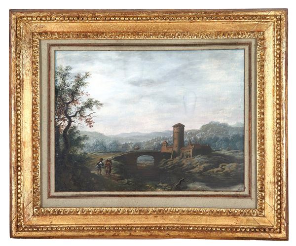 Scuola Italiana XVIII Secolo - "Landscape with small village, bridge and farmers", small and fine tempera on paper