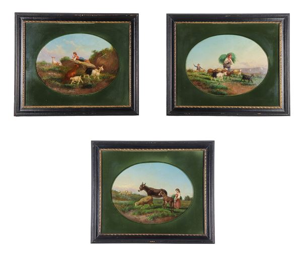 Giuseppe Palizzi - Attribuiti. "Paesaggi con pastorelli, caprette e asinelli", lotto di tre piccoli dipinti ad olio su carta