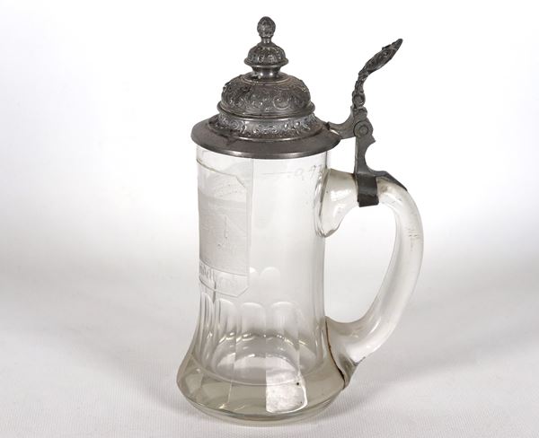 Austrian beer mug made of pewter and engraved glass