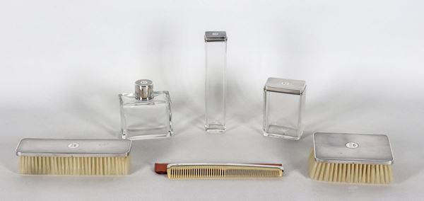 1930s toilet set in guilloche silver 925, with engraved monogram (6 pcs)