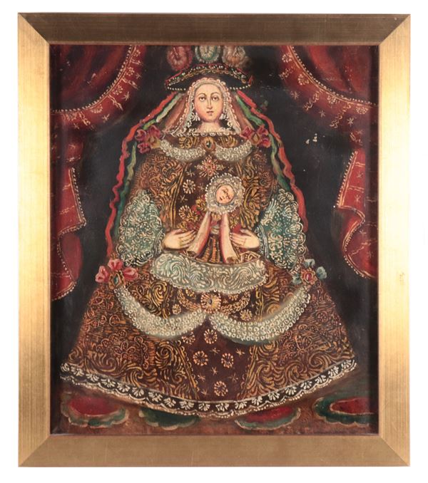 Scuola Spagnola XIX Secolo - "Madonna con Bambino", dipinto ad olio su tela