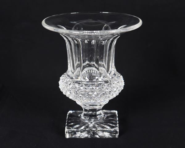 Saint Louis French crystal amphora vase worked with diamond tip, signed on the bottom. Small chip on one corner of the base