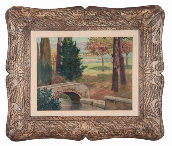Adolfo Belimbau - Signed. "Landscape with stream and bridge", small oil painting on canvas applied to cardboard, slight defect on the canvas