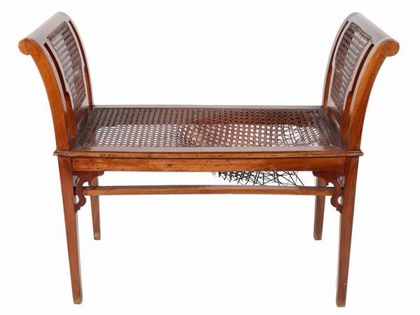 Small central bench in walnut with two small backrests and damaged cannetè cover