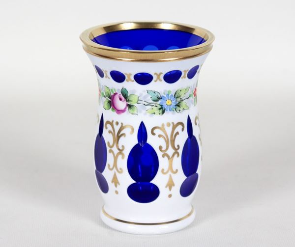 Biedermeier glass in cobalt blue Bohemian crystal, with enamel decorations featuring floral garlands and golden scrolls