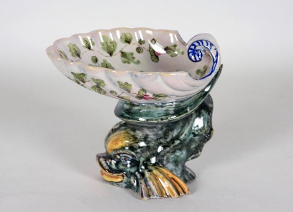 "Dolphin with shell", small stand in polychrome majolica from Pesaro marked Molaroni (1908-1920), slight defect on the dolphin's tail
