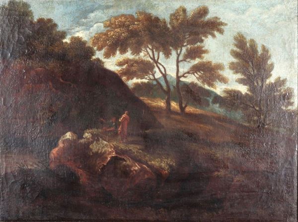 Scuola Italiana XVIII Secolo - "Landscape with the meeting of wayfarers", oil painting on canvas