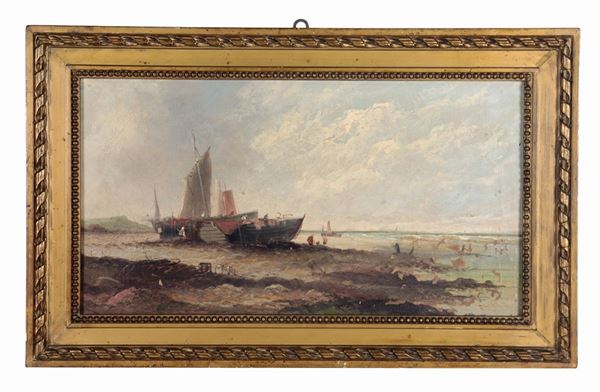 Pittore Europeo Fine XIX Secolo - Signed. "Marina with fishermen and boats aground", small oil painting on pressed cardboard, various color losses