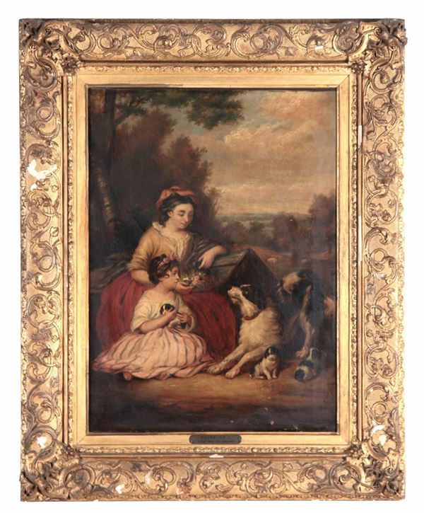 jan Beugelink - Signed. "Mother and daughter with dog and litter", small oil painting on canvas