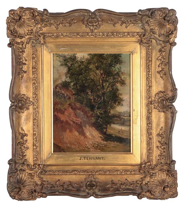 John Frederick  Tennant - Firmato e datato 1823. "Paesaggio con albero e corso d'acqua", piccolo dipinto ad olio su cartone pressato