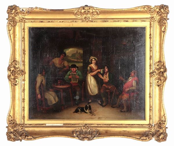 Pittore Inglese XIX Secolo - "Interior of inn with drinkers, innkeeper and dog", oil painting on canvas
