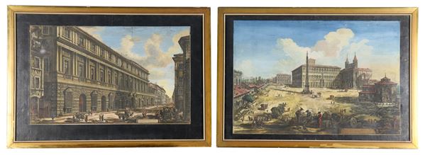Pair of ancient watercolor engravings depicting "View of the Square and Basilica of San Giovanni in Laterano" and "View of Palazzo Stoppani and the Church of Gesù". An engraving is signed Cav. Piranesi F.