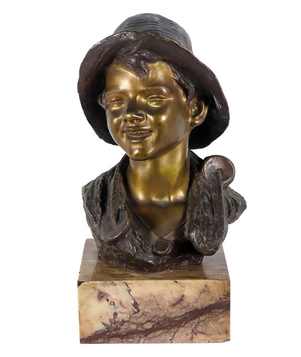 Giovanni De Martino - "Pescatorello", bronze bust signed G. D. Martino on the back, marble base