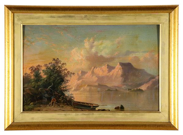 Scuola Italiana XIX Secolo - ”Paesaggio alpino con lago, pescatore e barca", piccolo dipinto ad olio su tavola