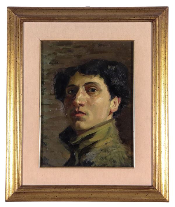 Umberto Franciosi - Traces of signature. “Youthful self-portrait”, small oil painting on pressed cardboard