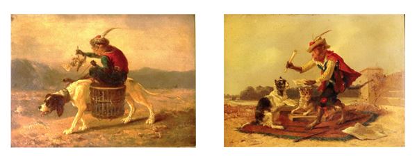 Pittore Francese Inizio XIX Secolo - Firmati.  “Allegorie di scimmiette con cane e gattini”, coppia di dipinti ad olio su tavola