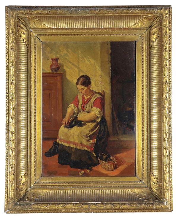 Pittore Europeo XIX Secolo - Firmato e datato 1874. “Interno con donna che lustra le scarpe”, dipinto ad olio su tavola