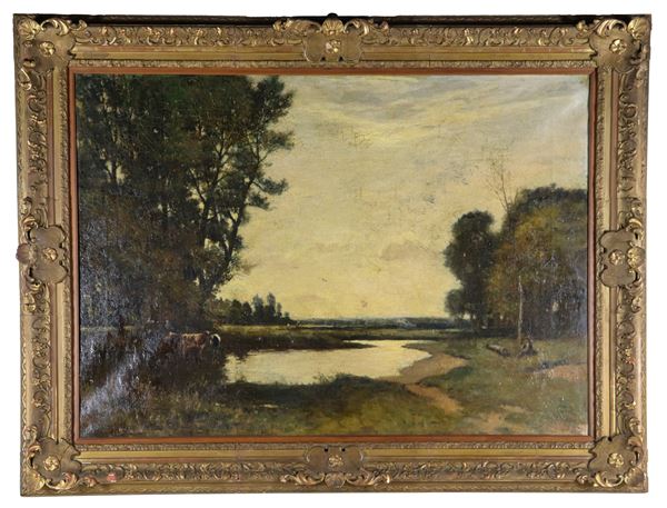 Scuola Italiana XIX Secolo - Painting “Marshy landscape with shepherd and cows”, oil painting on canvas