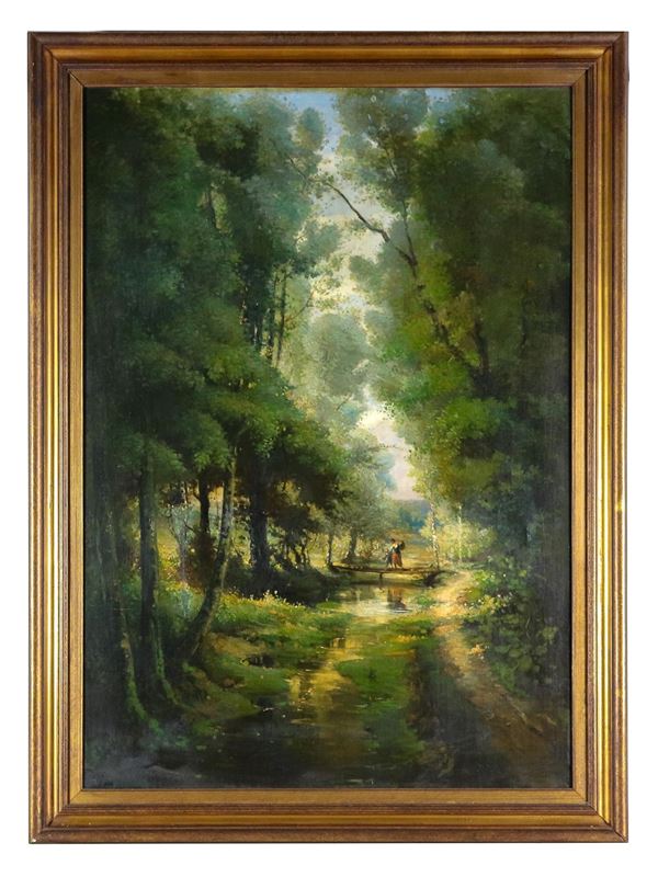 Scuola Italiana Inizio XIX Secolo - “Paesaggio boschivo con corso d'acqua e contadina con figlioletto”, dipinto ad olio su tela