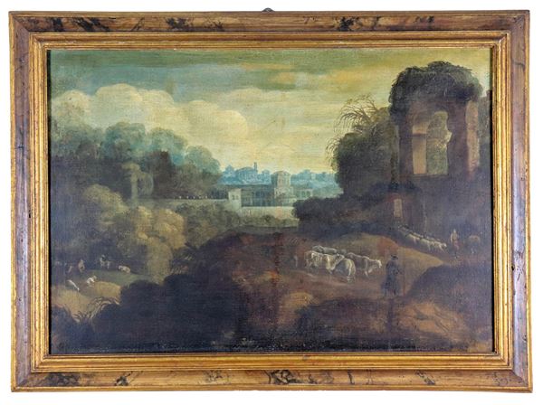 Scuola Italiana Inizio XVIII Secolo - “Landscape with ruins and shepherds with herds and flocks”, oil painting on canvas. The painting is relined and has old restorations
