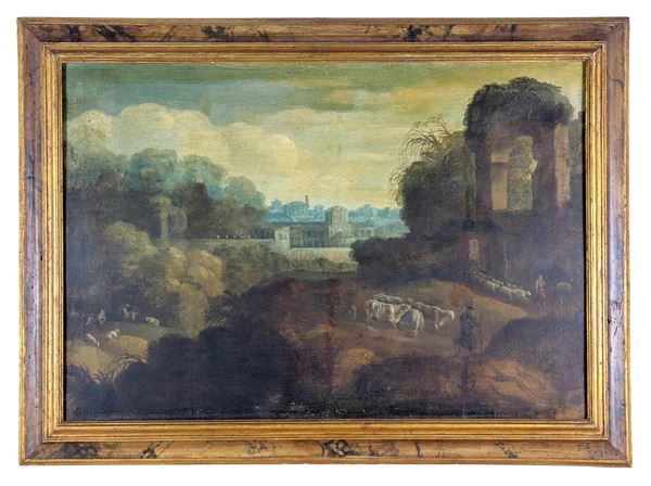 Scuola Italiana Inizio XVIII Secolo - “Paesaggio con ruderi e pastori con armenti e greggi”, dipinto ad olio su tela. Il dipinto è rintelato e presenta vecchi restauri