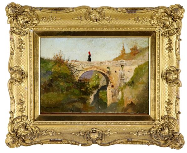 Michele Cammarano - Firmato. "Paesaggio con ponte e contadina", piccolo dipinto ad olio su tela. Sul retro della tela autentica del Prof. Michele Biancale (Sora 1878-Roma 1961), famoso storico dell'arte