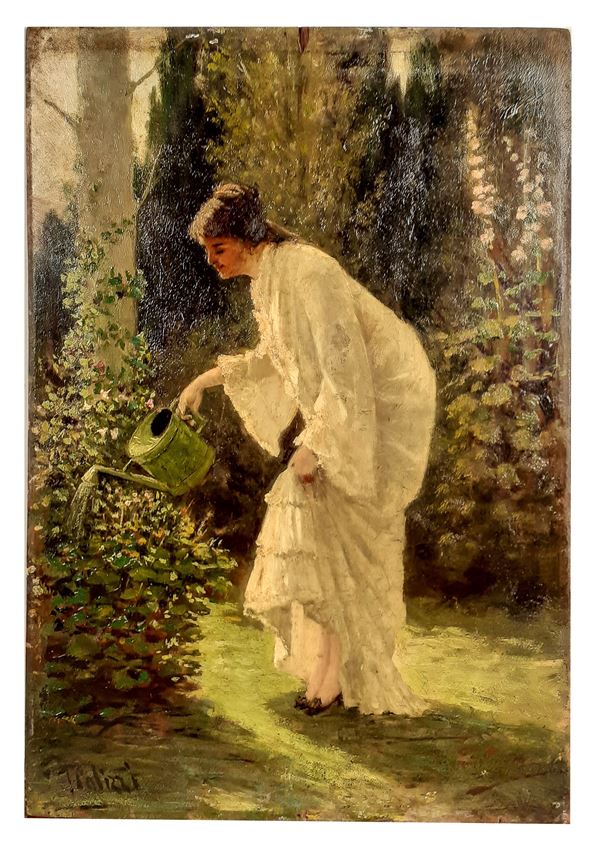 Giuseppe Palizzi - Signed. “Girl watering roses”, small oil painting on panel