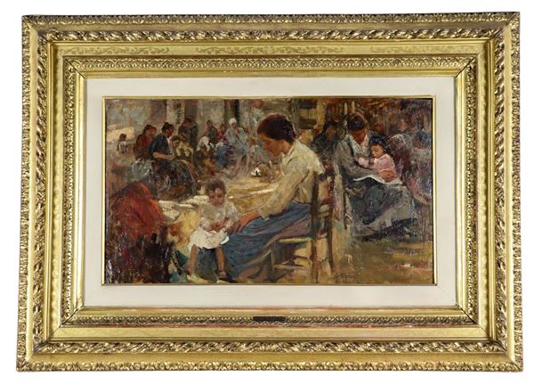 Cesare Ciani - Firmato. “Popolane a San Frediano”, dipinto ad olio su cartone pressato