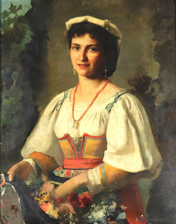 Pittore Italiano XIX Secolo - "Ciociara dopo la raccolta dei fiori", dipinto ad olio su tela. Il dipinto è rintelato e  presenta alcuni vecchi restauri