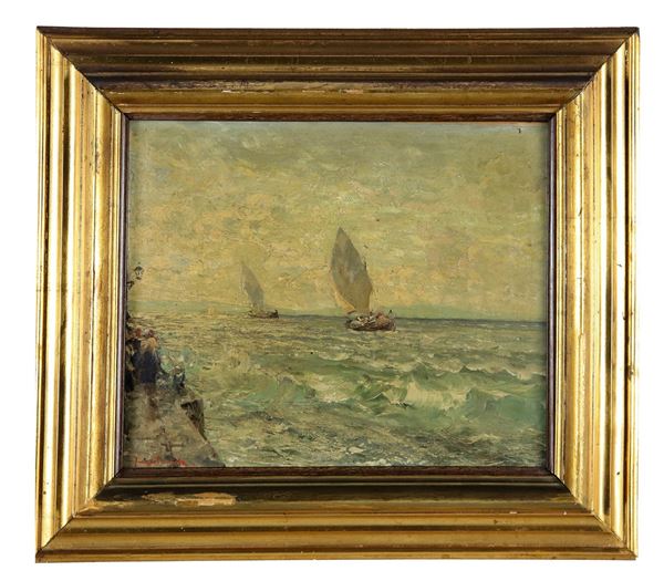 Fausto Pratella - Firmato. “Marina con scorcio di porticciolo e barche di pescatori”, piccolo dipinto ad olio su compensato