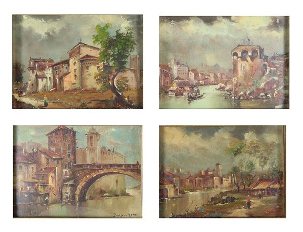 Lot of four painted miniatures "Views of Vanished Rome" in ebonized frames and brown velvet passepartout