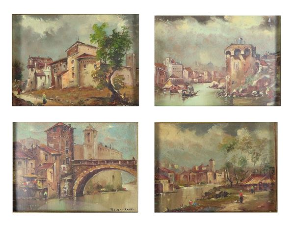 Lotto di quattro miniature dipinte "Vedute di Roma Sparita" in cornicette ebanizzate e passepartout in velluto marrone