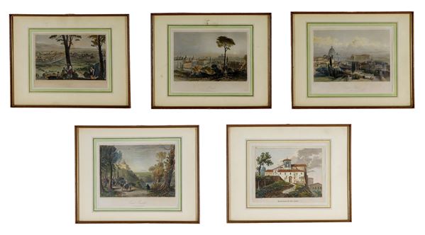 Lot of five ancient small engravings, one of which is smaller, depicting "Views of Rome and Castel Gandolfo"
