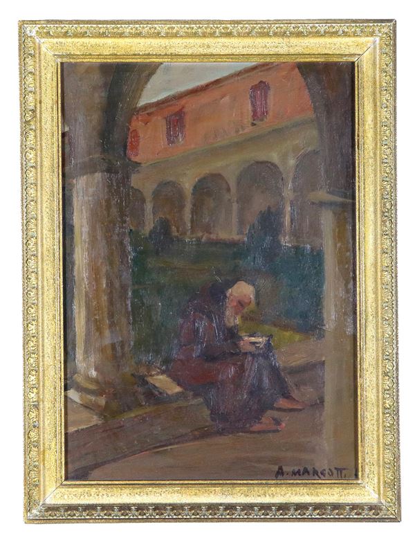 Anacleto Margotti - Signed. “Cloister with friar”, small oil painting on masonite