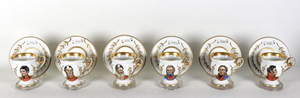 Lot of six antique white and gold French porcelain cups and saucers, with painted medallions depicting Napoleonic characters