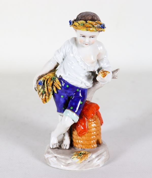 Ancient figurine "The allegory of summer" in enamelled polychrome porcelain from Capodimonte. Minor defects