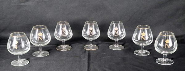 Lot of seven crystal cognac glasses with Napoleonic coat of arms and pure gold edges