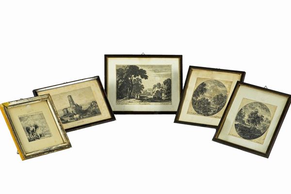 Five small engravings &quot;Landscapes and herds&quot;