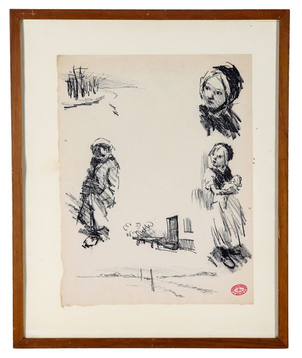 Th&#233;odore Van Elsen - "Studi di bambine", disegno a carboncino su carta recante timbro a secco dell'Atelier del Pittore