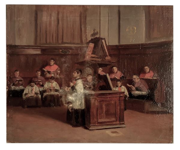 Nicol&#242; Giannone - Attributed. "The school of the red clerics", small oil painting on panel