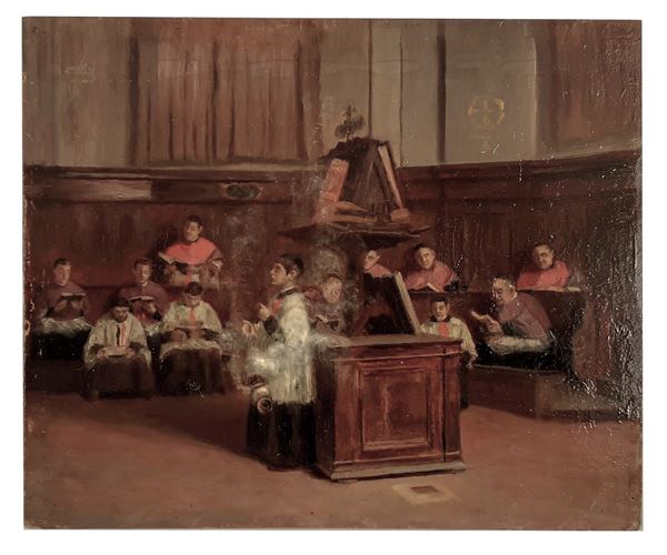 Nicol&#242; Giannone - Attribuito. "La scuola dei chierici rossi", piccolo dipinto ad olio su tavoletta