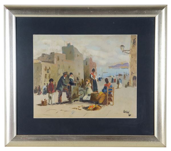 Luigi Surdi - Signed and dated 1940. "Glimpse of Naples with commoners and roasted chestnut seller", oil painting